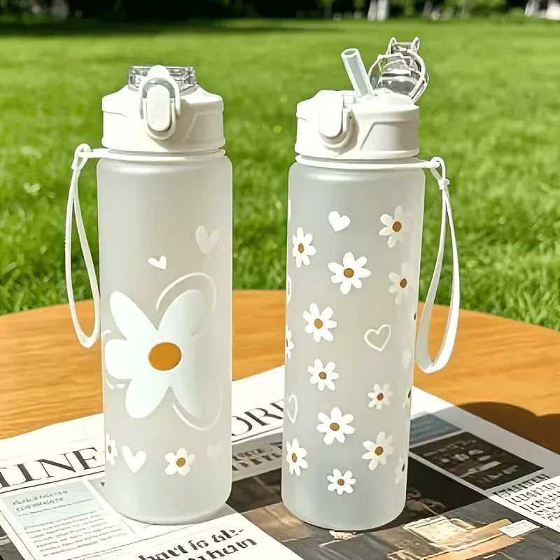 Daisy Floral Straw Water Bottle Portable Leak-Proof Plastic Sport Cup