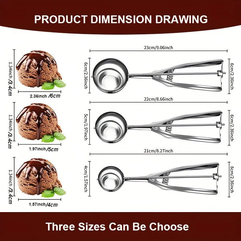 3pc Stainless Steel Ice Cream Scoop Set Trigger Cookie Dough Baller - 8