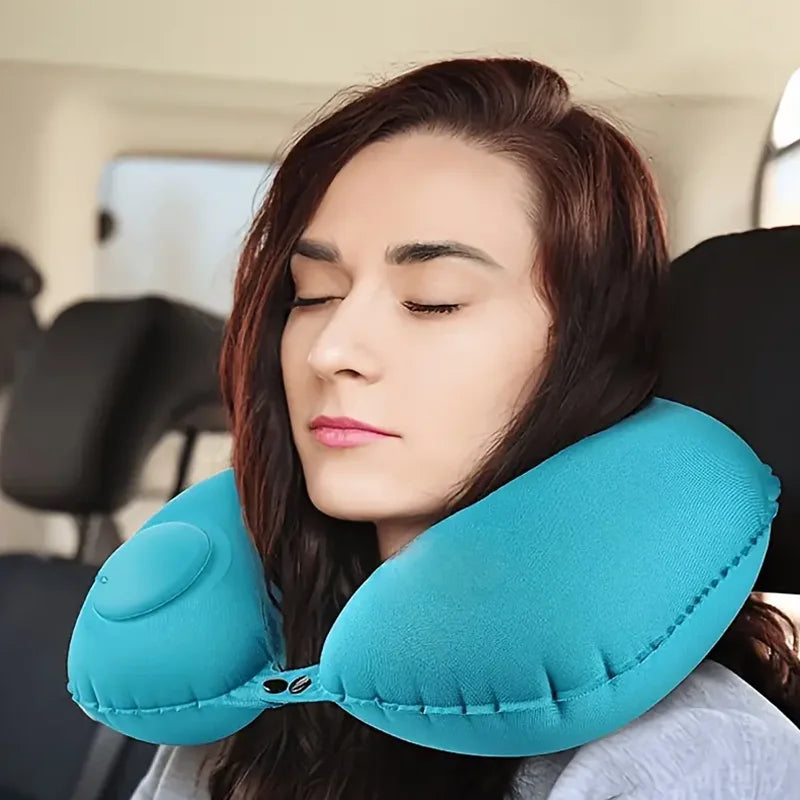 Portable Inflatable Travel Neck Pillow U Shaped Press Pump Cushion