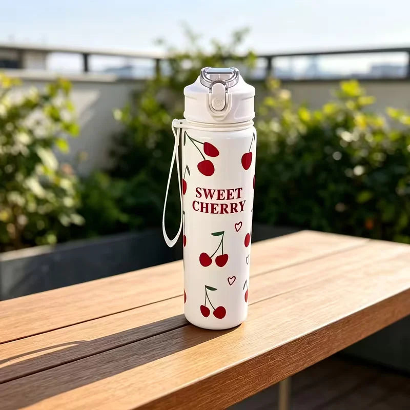 750ml Floral Strawberry Cherry Water Bottle Sports Tumbler with Straw