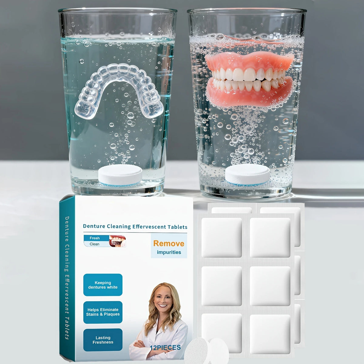 Denture Cleaning Tablets Effervescent Soak With Case And Brush