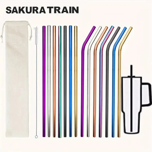 Reusable Stainless Steel Straw Set with Cleaning Brush and Storage Bag