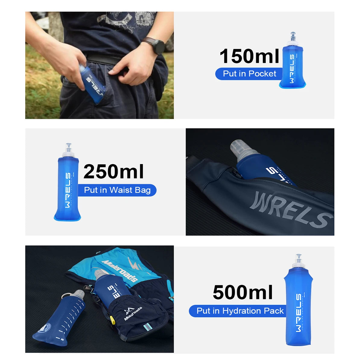 WRELS Collapsible Soft Water Bottle Running Hydration Flask Sport Bag