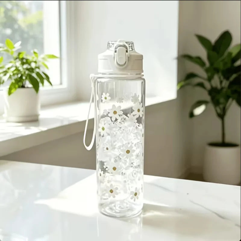 750ml Daisy Print Water Bottle Leak Proof Portable Straw Cup for Sports - 11