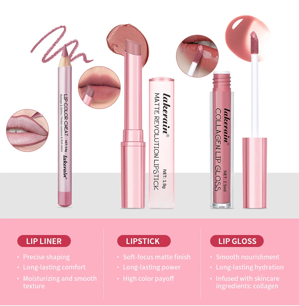 Matte Lipstick Lip Gloss Set Waterproof Nude Red Lip Liner Kit