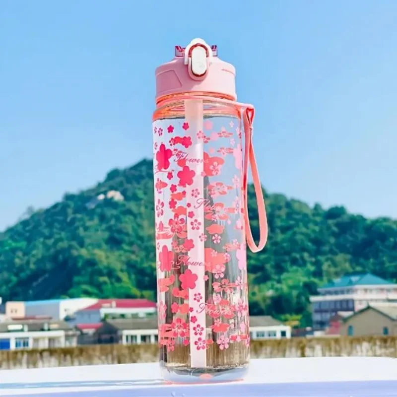 800ml Printed Space Water Bottle with Straw and Portable Carry Strap