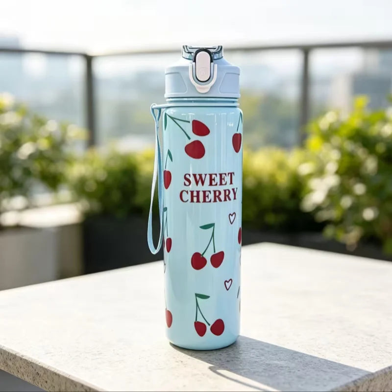 750ml Cherry Print Sports Water Bottle with Straw and Carrying Strap
