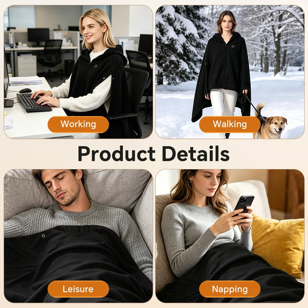 Graphene Heated Shawl Wearable USB Blanket Hooded Wrap