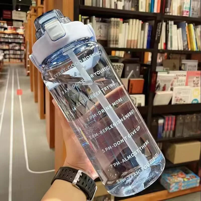 2L Motivational Water Bottle with Straw and Time Marker Fitness Jug