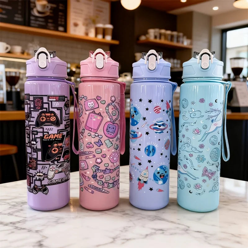 750ml Cartoon Water Bottle Portable Leak Proof Sport Tumbler with Straw - 6