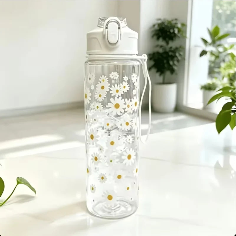 750ml Daisy Print Water Bottle Leak-Proof Portable Straw Cup
