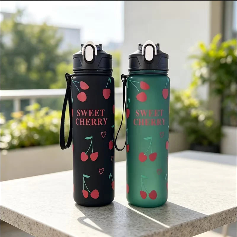 750ml Cherry Print Sports Water Bottle with Straw and Carrying Strap - 4