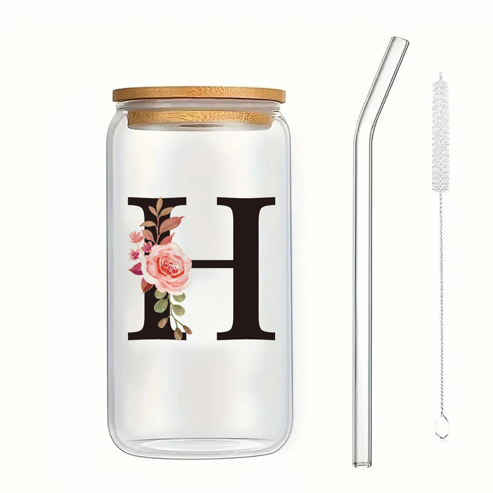 500ml Floral Alphabet Glass Cup with Bamboo Lid and Straw Coffee Mug - 21