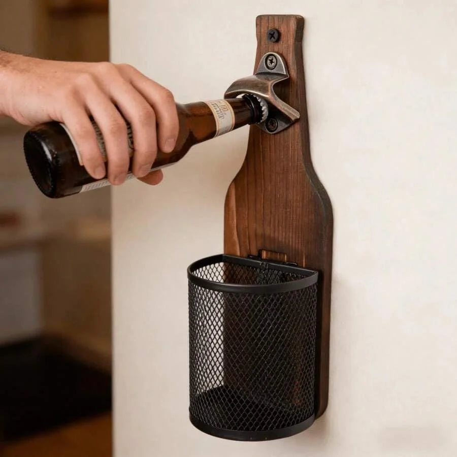 Wall Mounted Wooden Beer Bottle Opener with Magnetic Cap Catcher