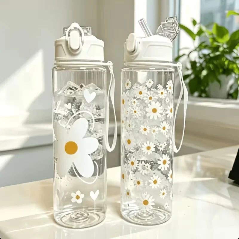 750ml Daisy Print Water Bottle Leak Proof Portable Straw Cup for Sports - 3