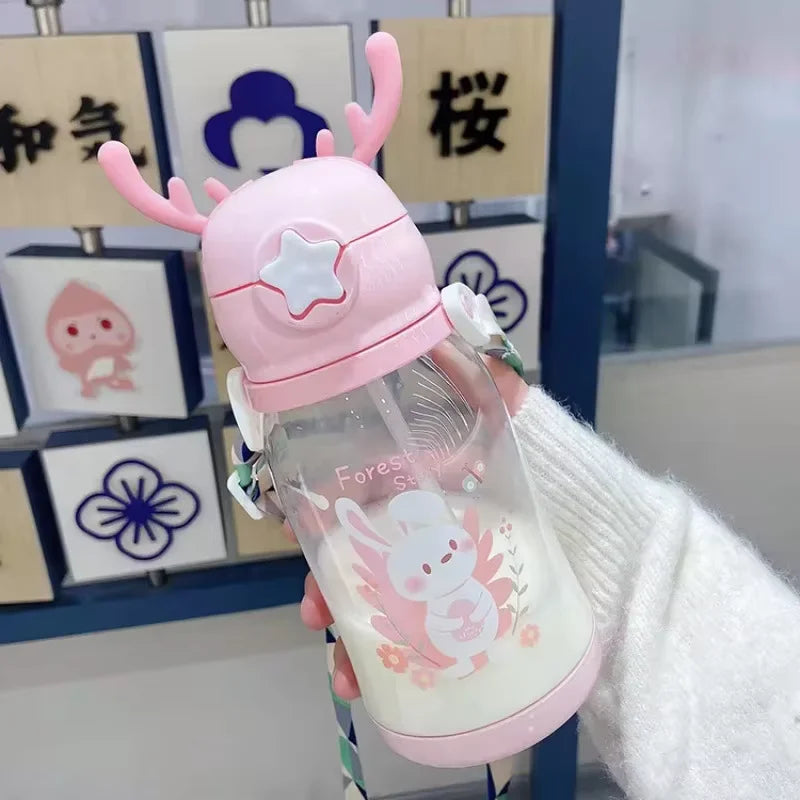 Kids Antler Straw Water Bottle Cute Cartoon Drinking Cup 600ml - 13