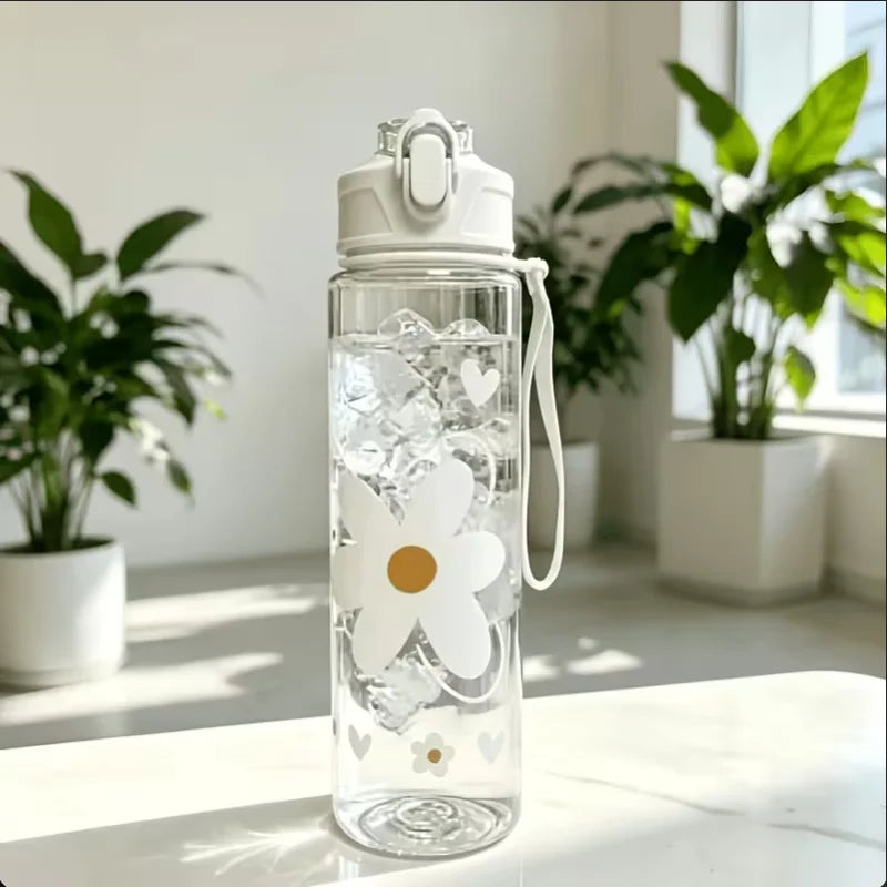 750ml Daisy Print Water Bottle Leak-Proof Portable Straw Cup