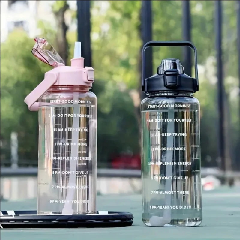 2L Large Water Bottle with Time Marker Straw and Portable Carry Handle