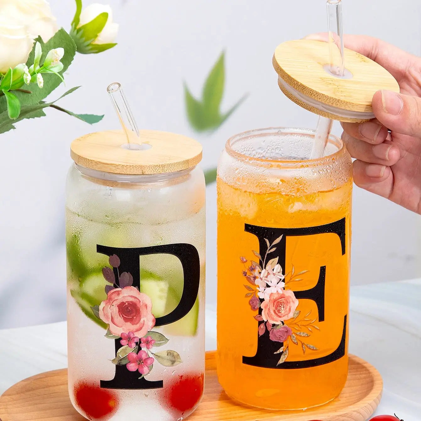 500ml Floral Alphabet Glass Cup with Bamboo Lid and Straw Coffee Mug - 4