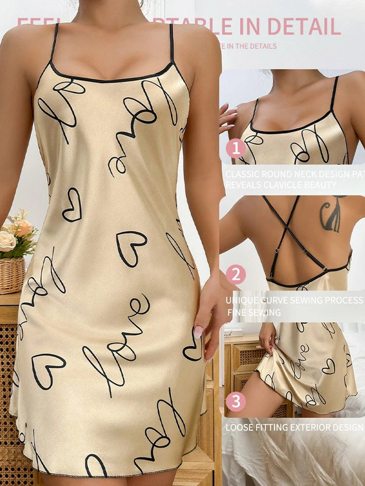 Women's Printed Satin Camisole Nightgown Sexy Mini Pajama Sleep Dress