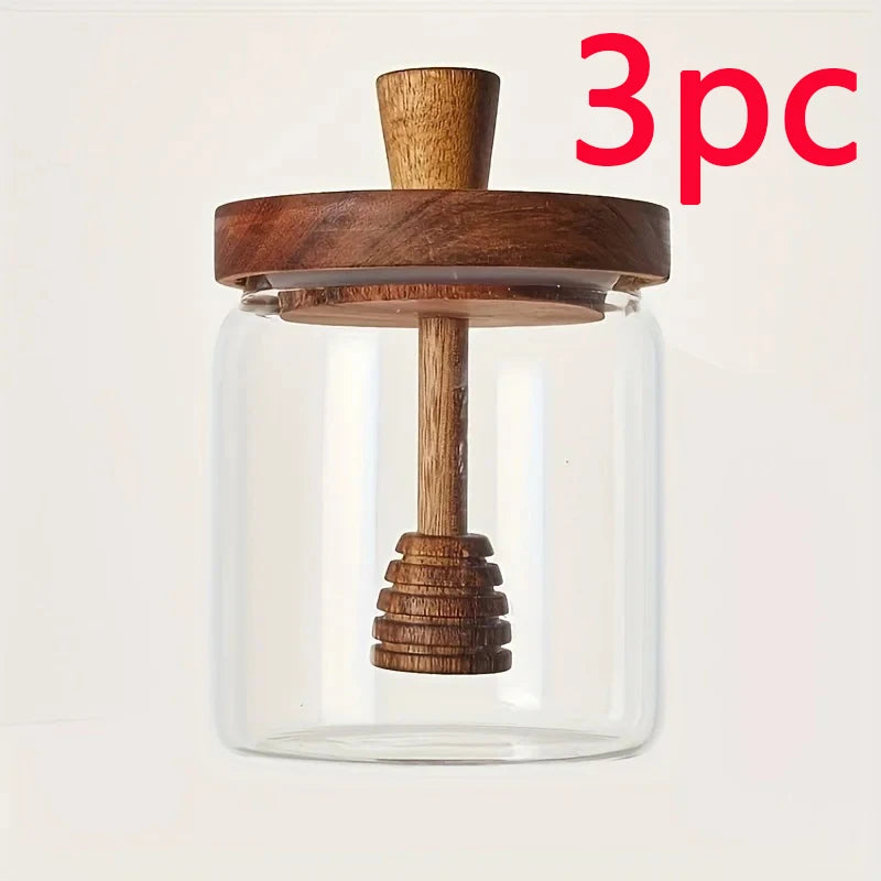 Glass Honey Jar with Wooden Dipper and Lid Syrup Storage Container