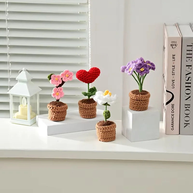 Handmade Knitted Heart Flower Pot Artificial Bonsai Desk Decoration Gift - 5