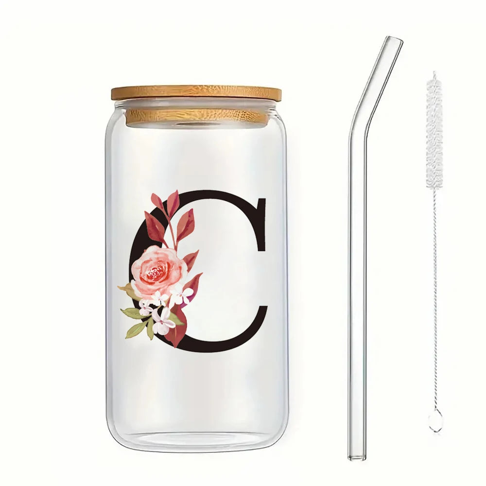 500ml Floral Alphabet Glass Cup with Bamboo Lid and Straw Coffee Mug - 16
