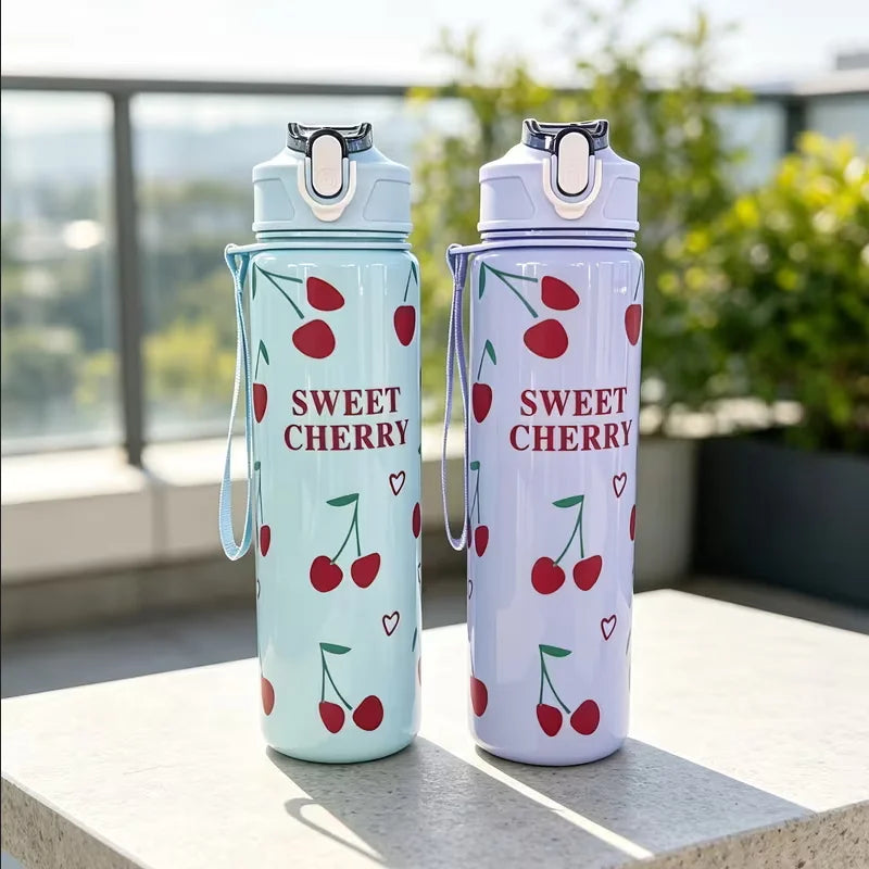 750ml Cherry Print Sports Water Bottle with Straw and Carrying Strap