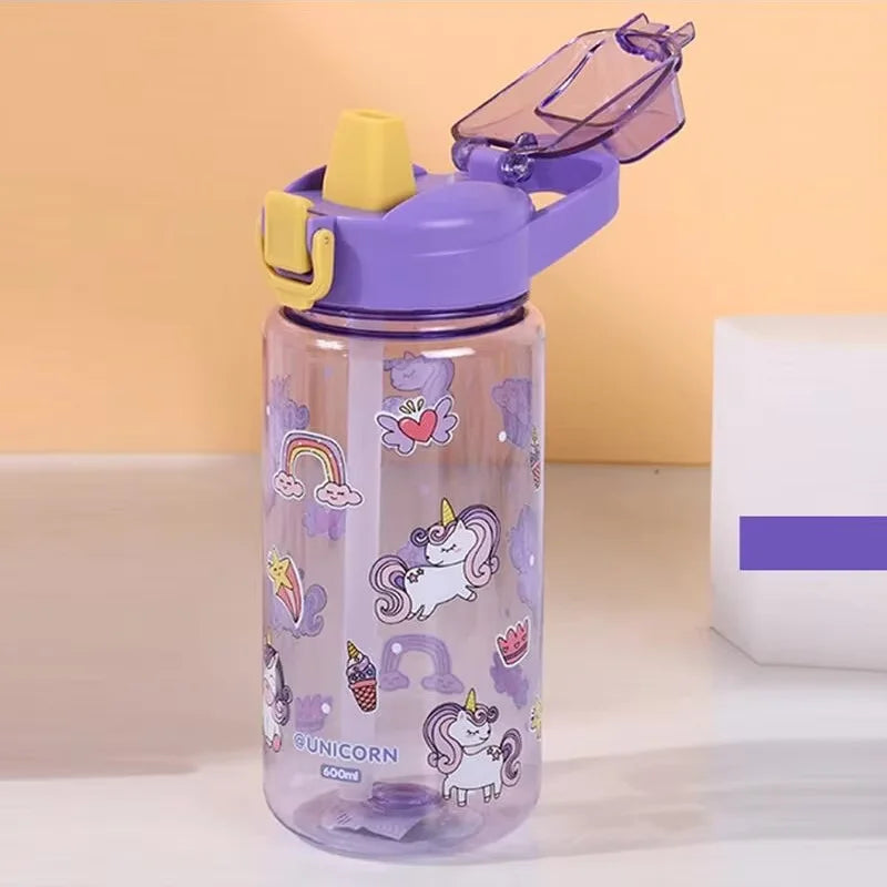 600ml Kids Water Bottle Cartoon Leak Proof Straw Cup for School Travel