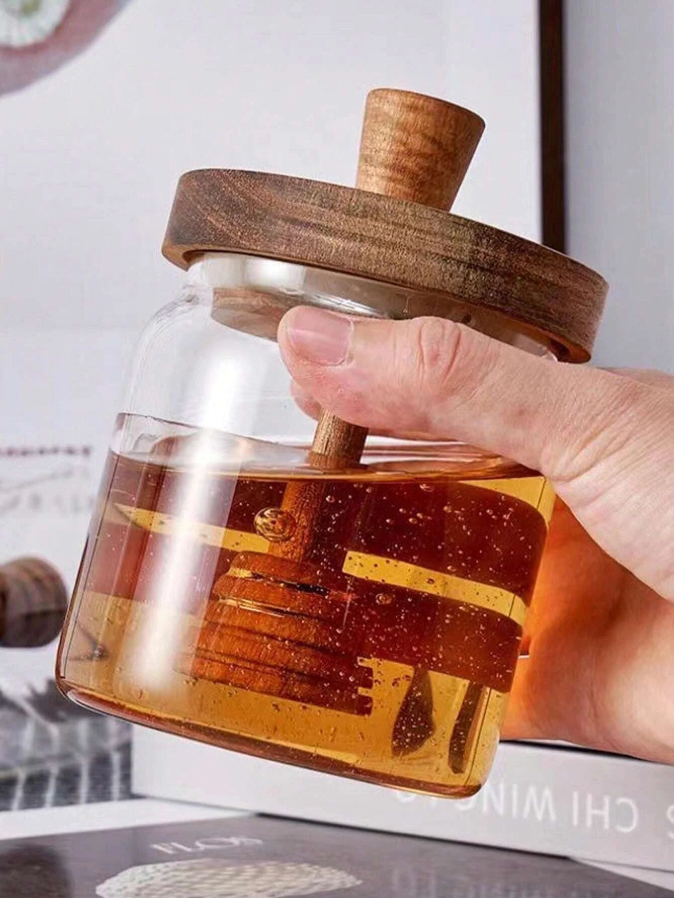 Glass Honey Jar with Wooden Dipper and Lid Syrup Storage Container