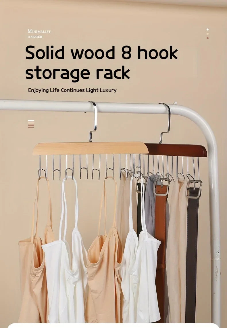 8 Hook Wooden Closet Organizer Rack for Belts Ties and Accessories