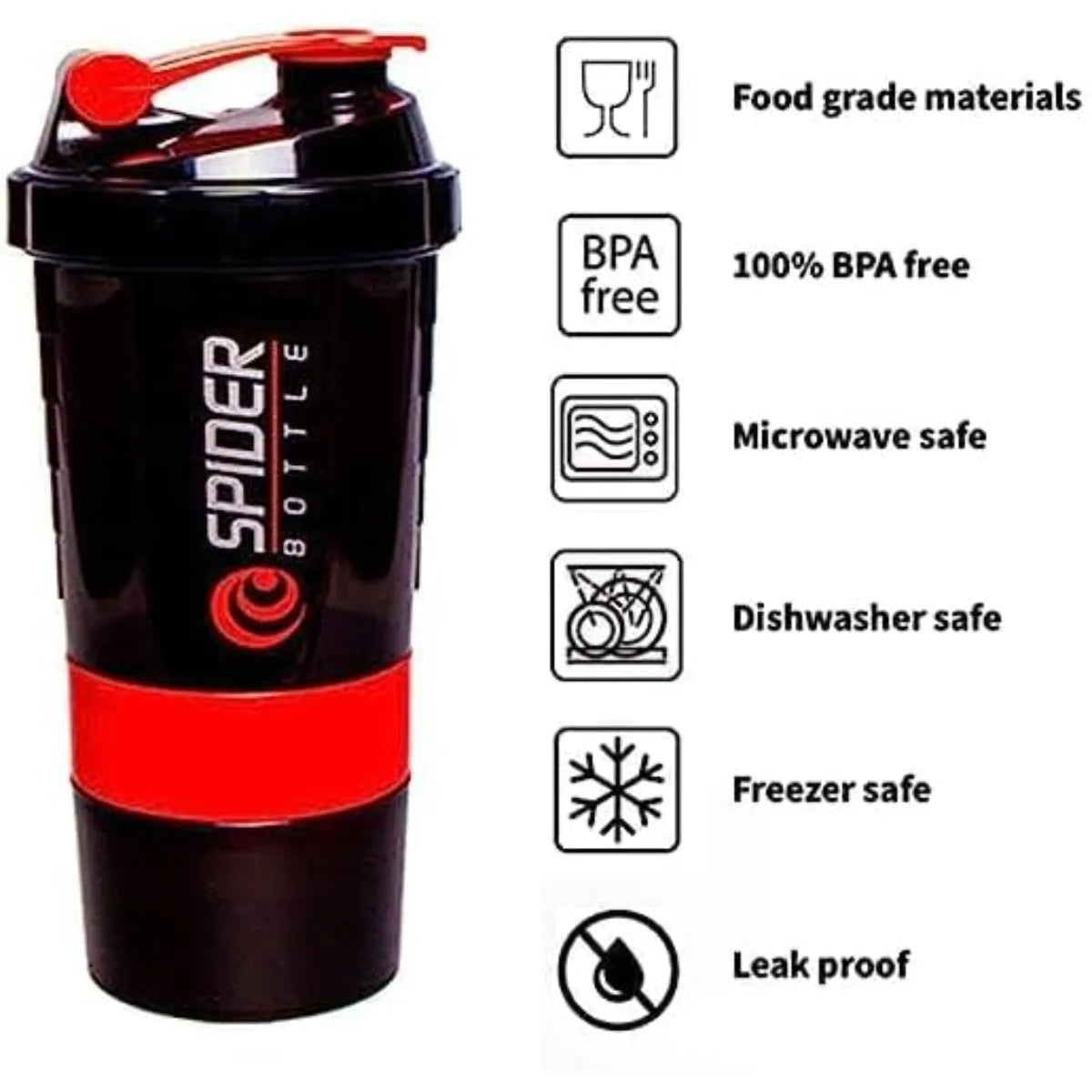 Spider Protein Shaker Bottle 3 Layer Gym Mixer Cup Leak Proof - 3