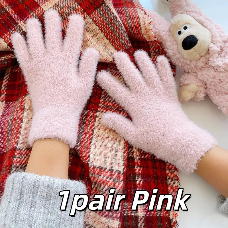 Women Winter Plush Warm Gloves Soft Five Finger Cold Proof Mittens