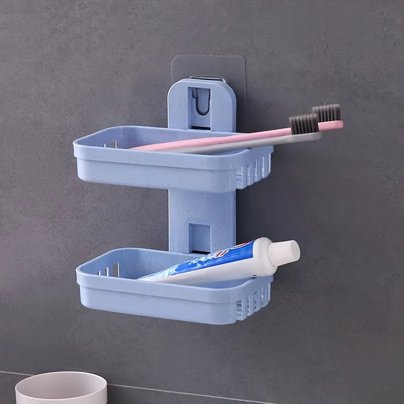 Double Layer Wall Mounted Soap Dish No Drill Bathroom Storage Rack