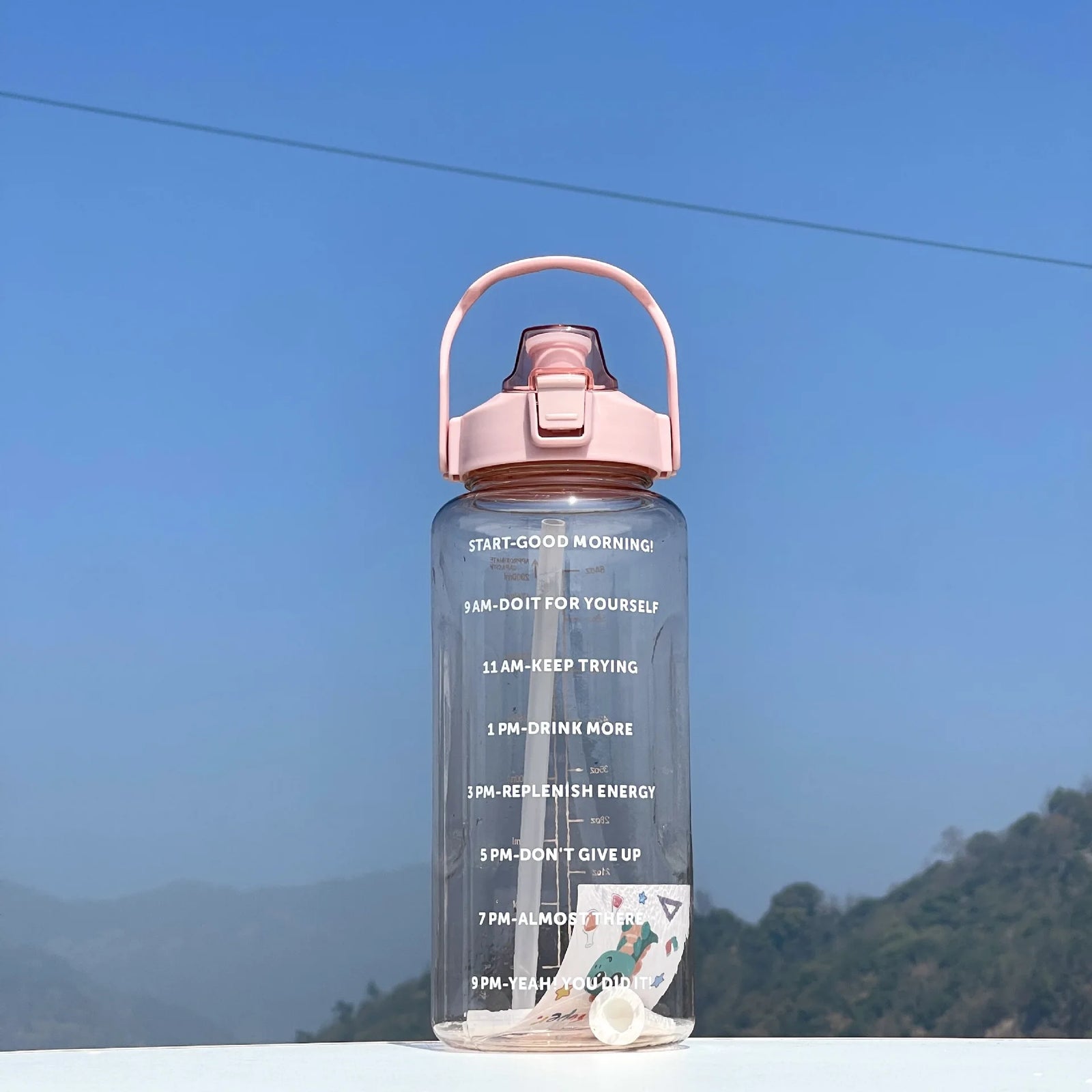 2L Large Sports Water Bottle Motivational Straw Jug Fitness Gym Cup