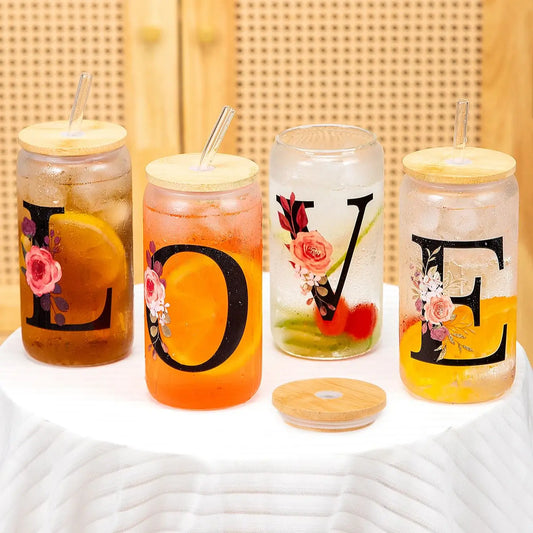 500ml Floral Alphabet Glass Cup with Bamboo Lid and Straw Coffee Mug