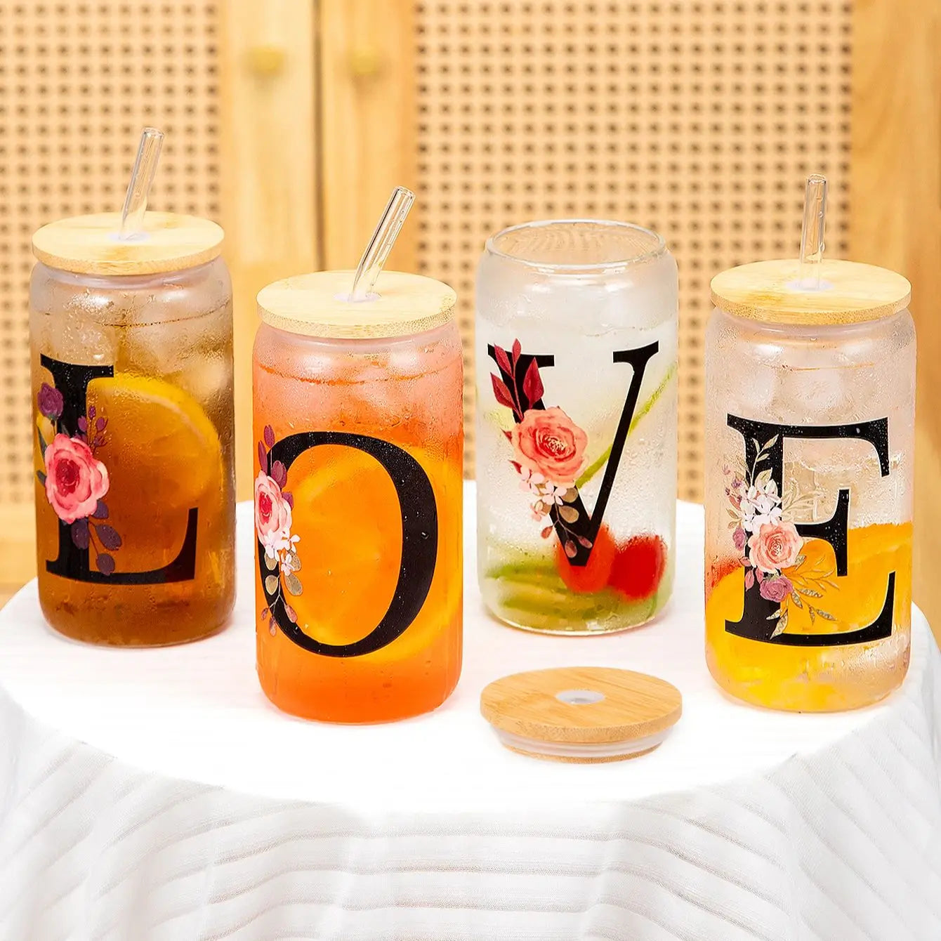 500ml Floral Alphabet Glass Cup with Bamboo Lid and Straw Coffee Mug - 8