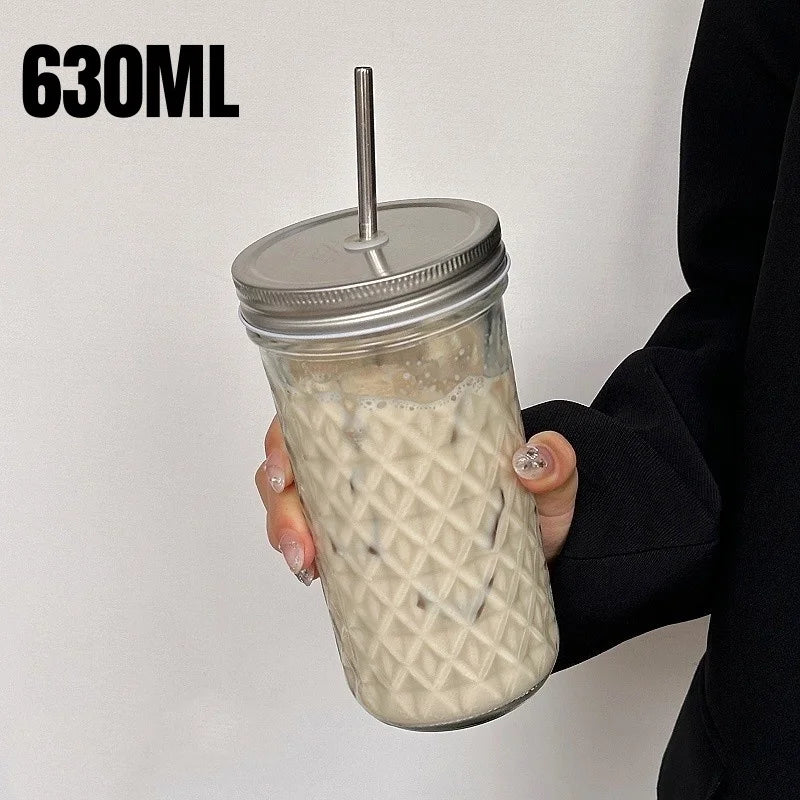 650ml Glass Coffee Cup with Straw and Lid Transparent Iced Drink Mug - 24