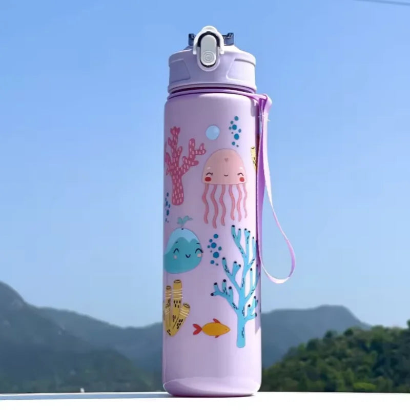 750ml Kids Cartoon Water Bottle with Straw Leak Proof Portable Cup