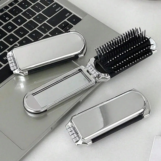 2-in-1 Folding Hair Brush with Mirror Portable Travel Massage Comb
