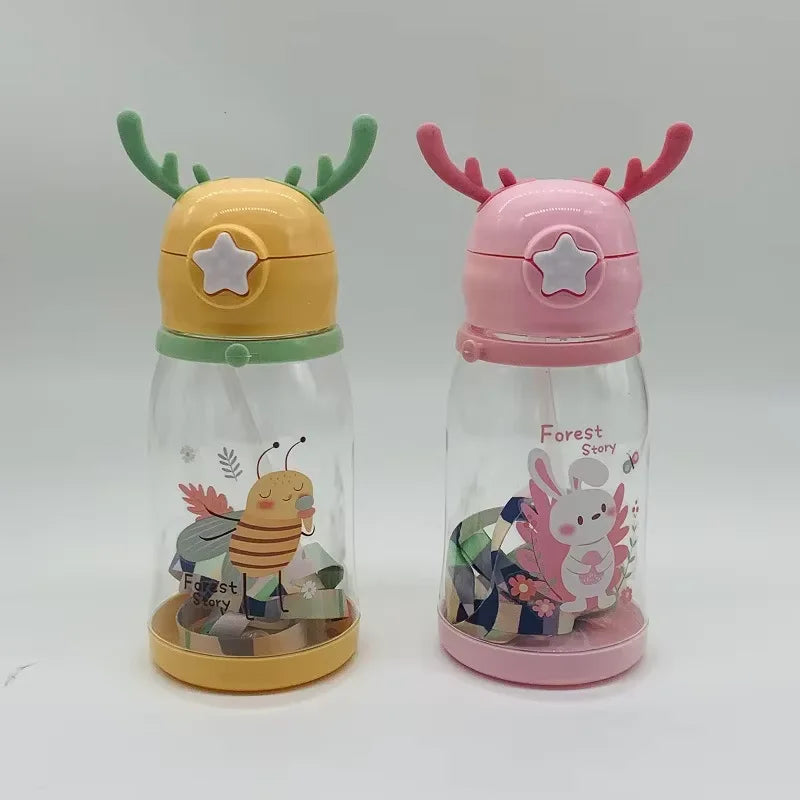 Kids Antler Straw Water Bottle Cute Cartoon Drinking Cup 600ml
