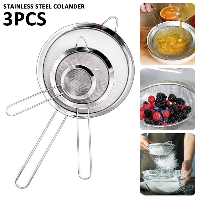 3pc Stainless Steel Fine Mesh Strainer Set Flour Sifter Kitchen Tool - 1