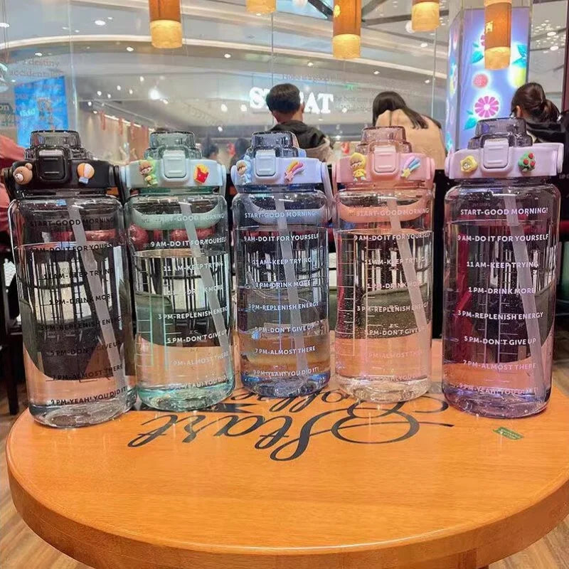 2L Motivational Water Bottle with Straw and Time Marker Fitness Jug - 2