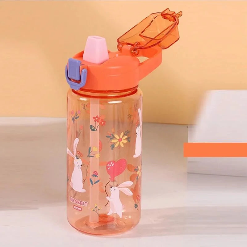 600ml Kids Water Bottle Cartoon Leak Proof Straw Cup for School Travel