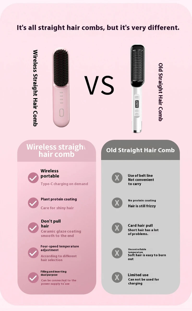 Cordless Ion Care Straight Hair Brush 4-Speed Heated Comb