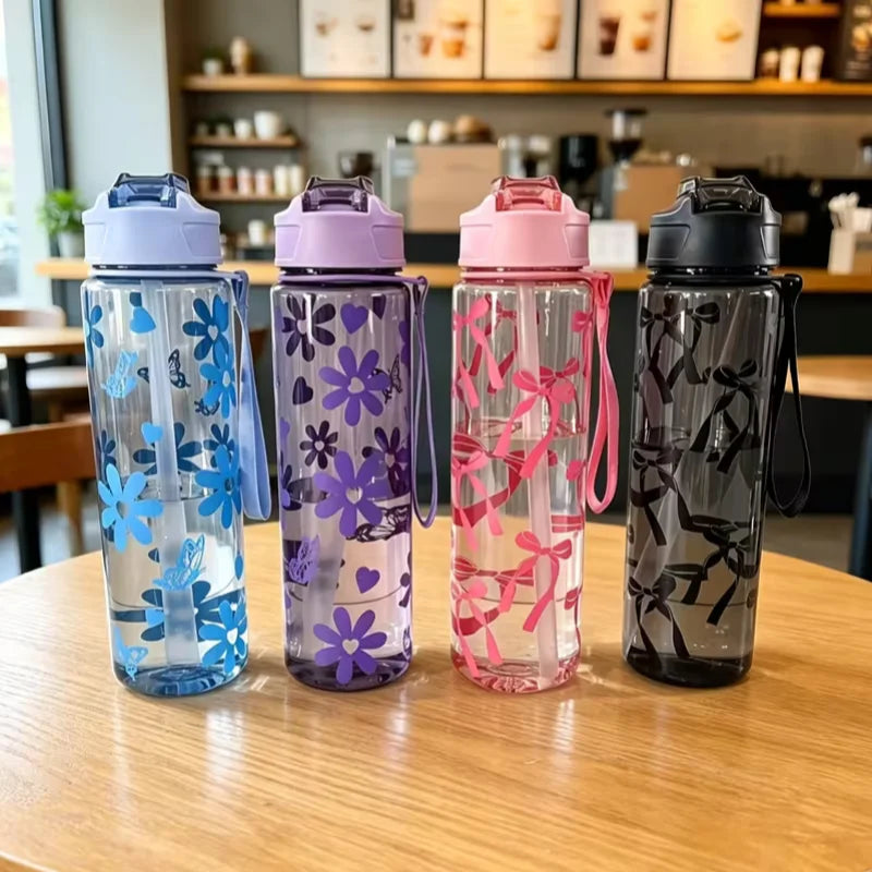 750ml Floral Straw Water Bottle Aesthetic Sport Cup with Carry Handle - 2
