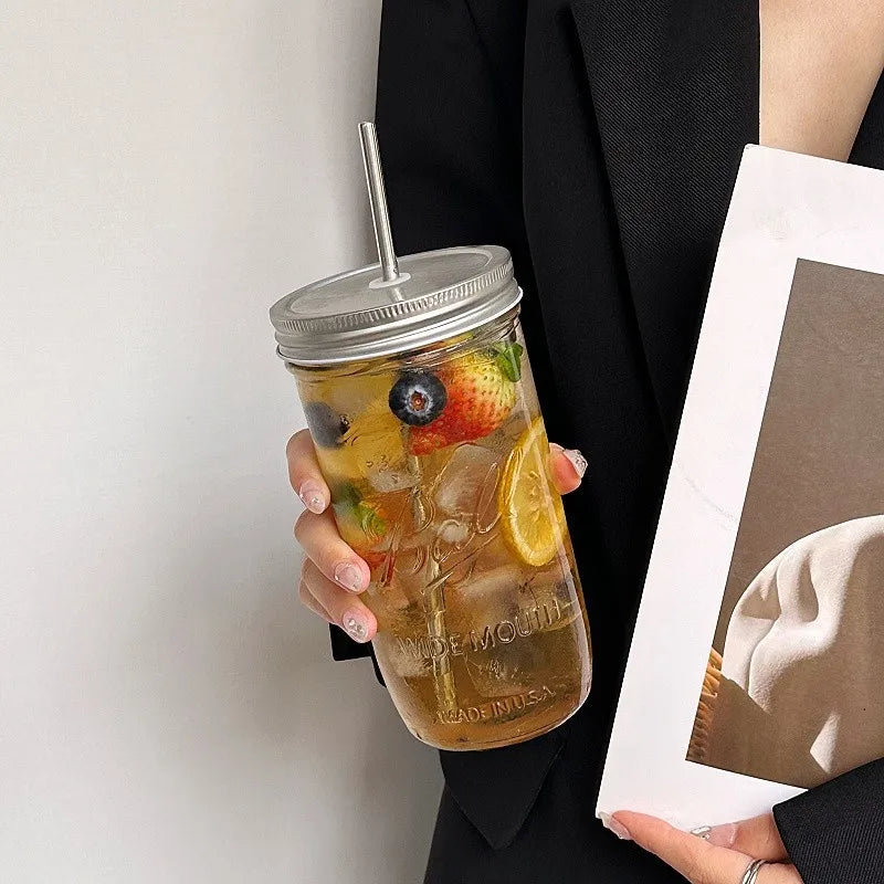 650ml Glass Coffee Cup with Straw and Lid Transparent Iced Drink Mug