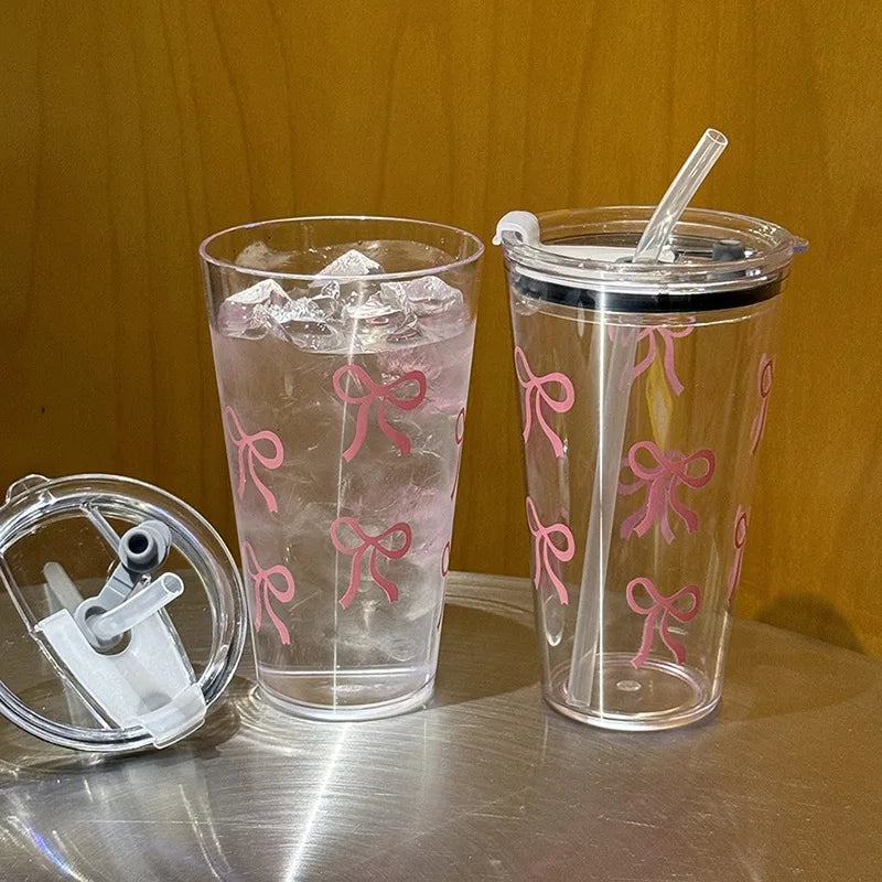 Pink Bow Plastic Tumbler with Straw and Lid Transparent Drink Mug