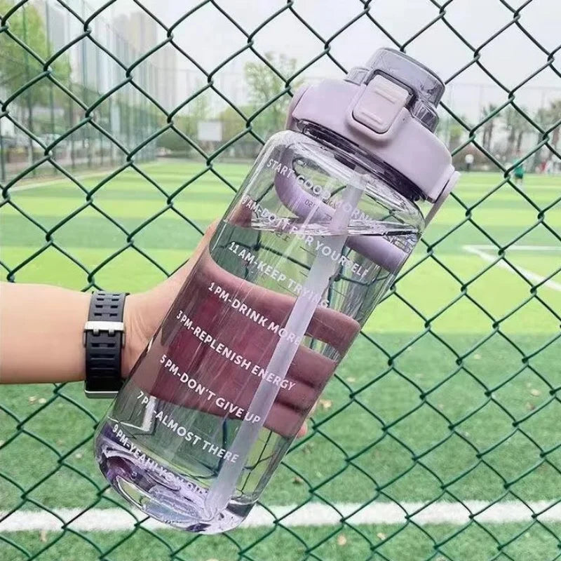 2L Motivational Water Bottle with Straw Time Marker Fitness Sports Jug