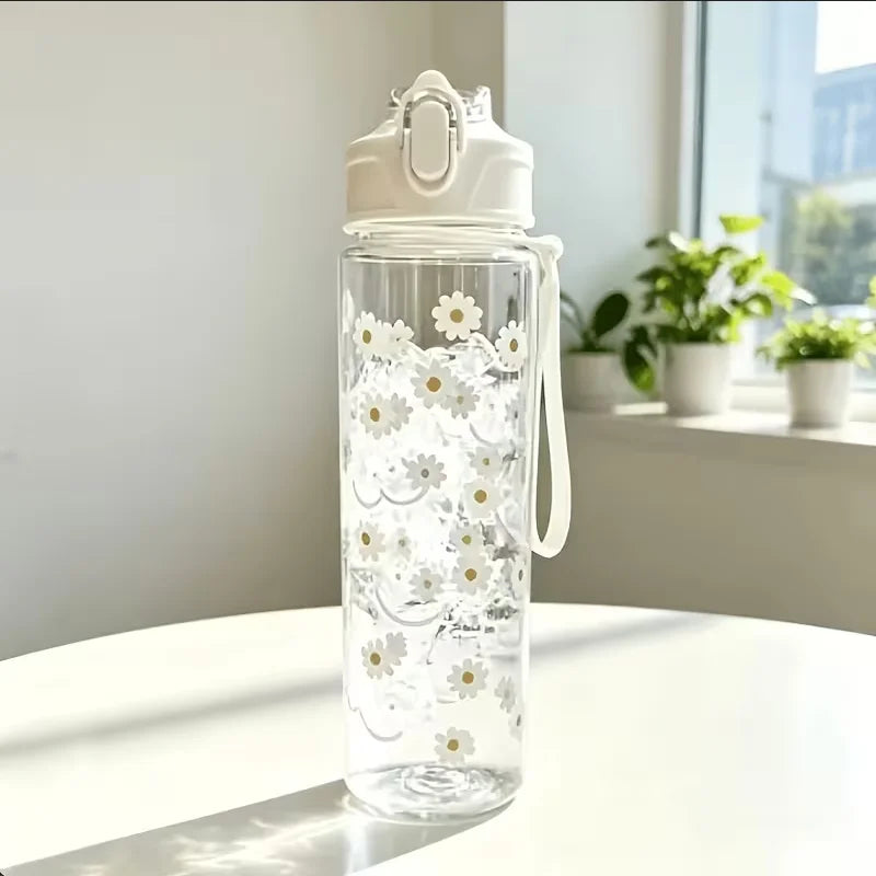 750ml Daisy Print Water Bottle Leak-Proof Portable Straw Cup - 11